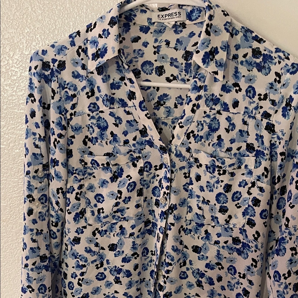 Express Blue and White Floral Portofino Blouse